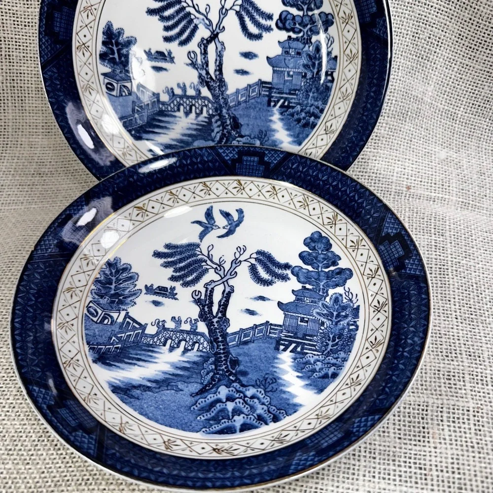 Vintage Occupied Japan Ironstone Blue Willow Rim Soup Bowl Pair 7.5in Blue White